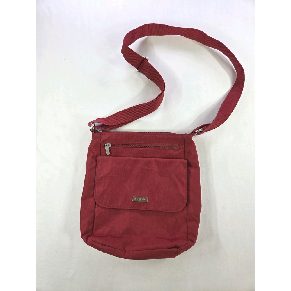 Baggallini Red Nylon Crossbody Bag, Travel Organizer Purse, Flap Front Pocket